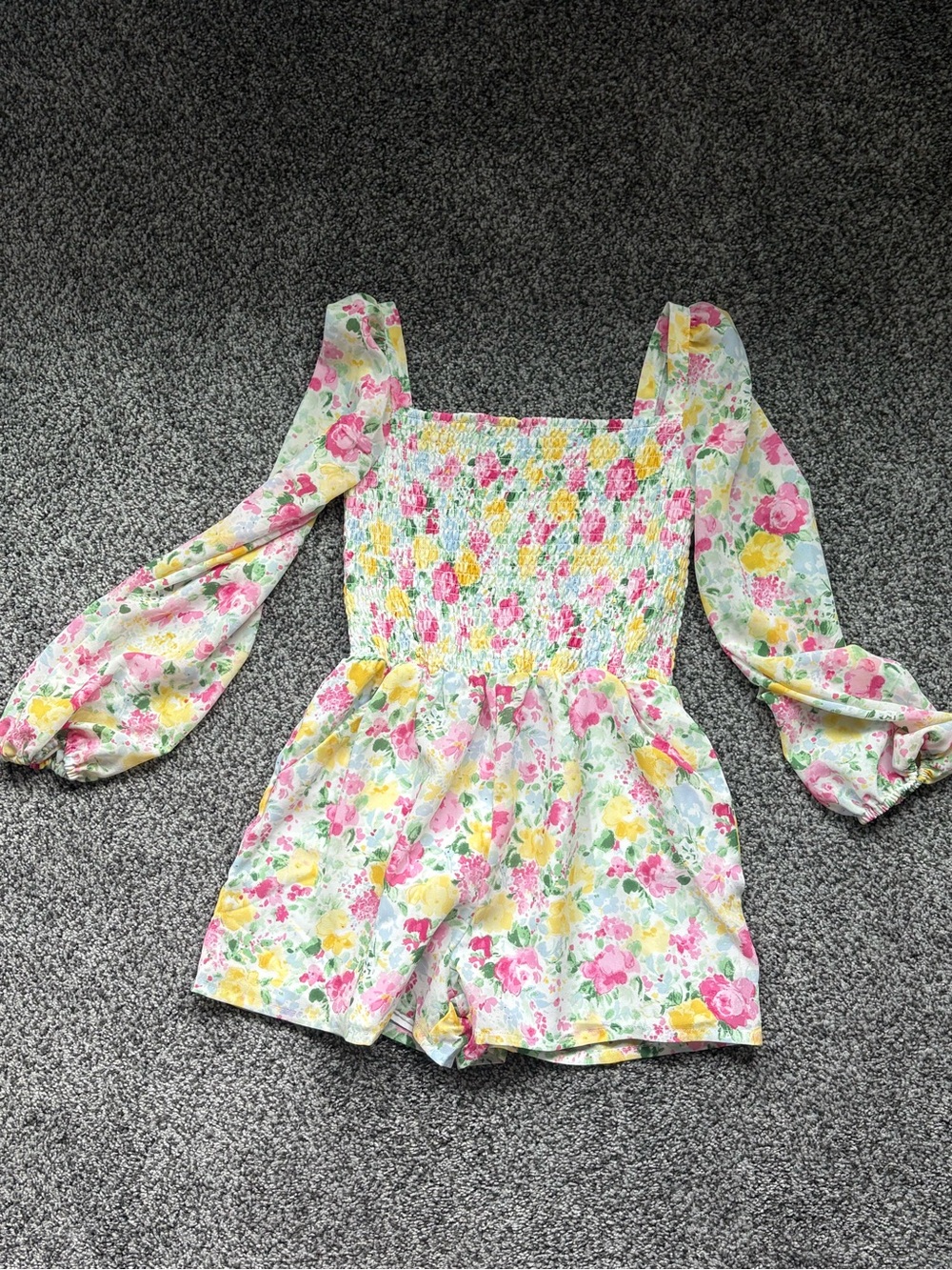 Janie and Jack- Floral Smocked Romper with Puff Sleeves - Pink Yellow Green